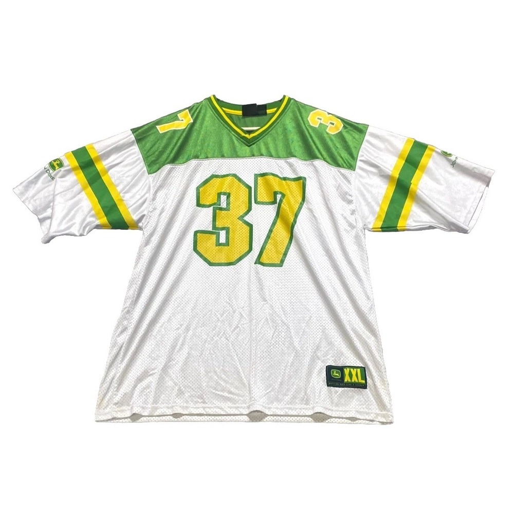VTG John Deere Football Jersey XXL White Green Mesh #37 Racing Gorpcore V-Neck